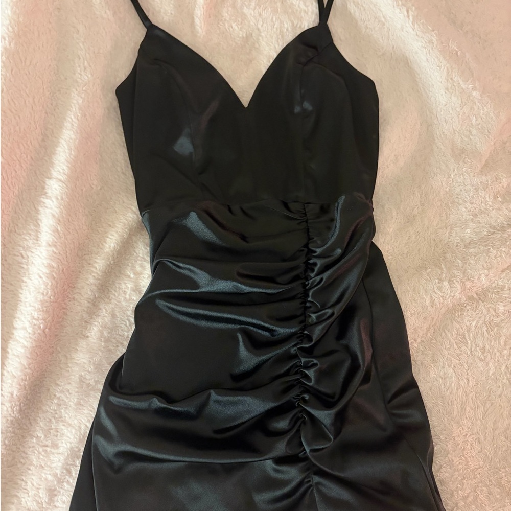 Windsor Black Satin Ruched Mini Dress